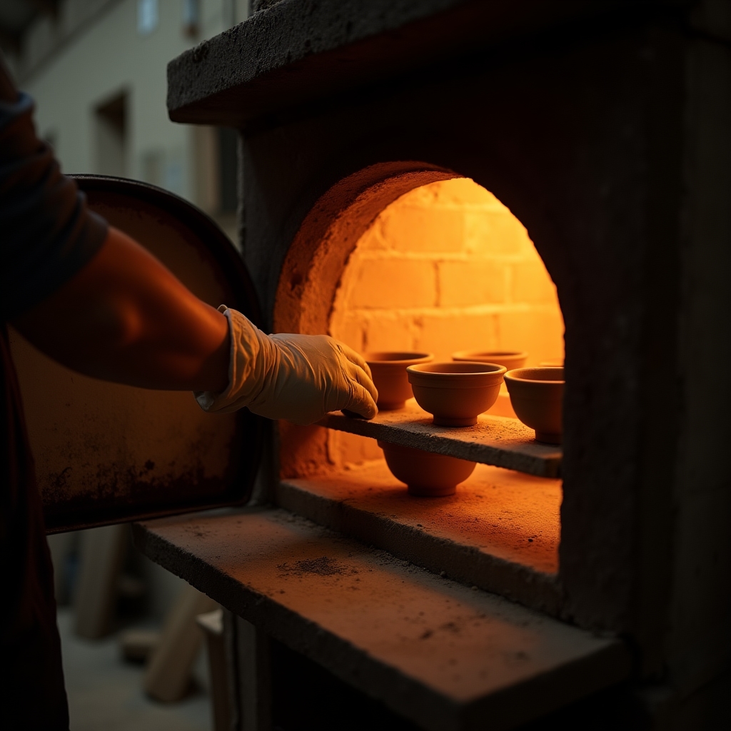 Cuptor de ardere ceramică deschis, cu vase așezate pentru coacere