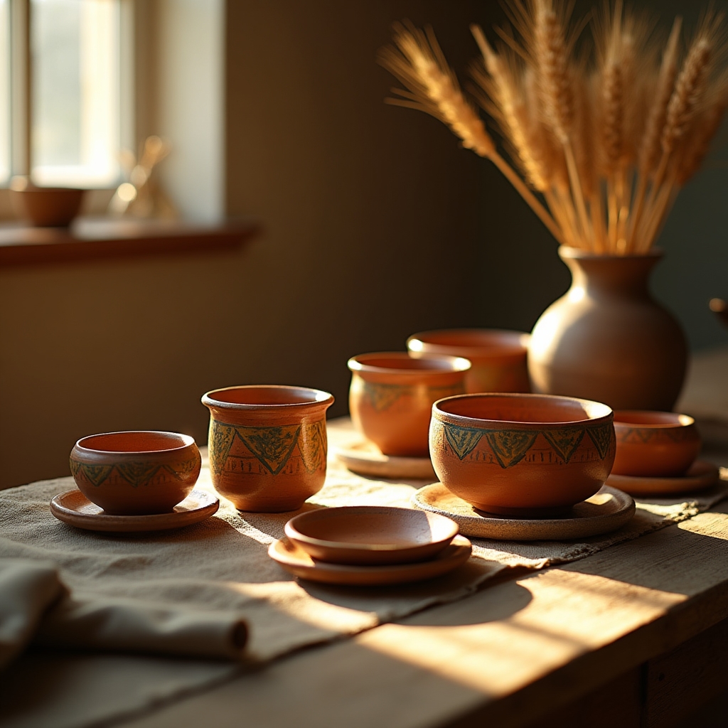 Boluri și căni de ceramică pictate manual cu motive Horezu, aranjate pe o masă de lemn