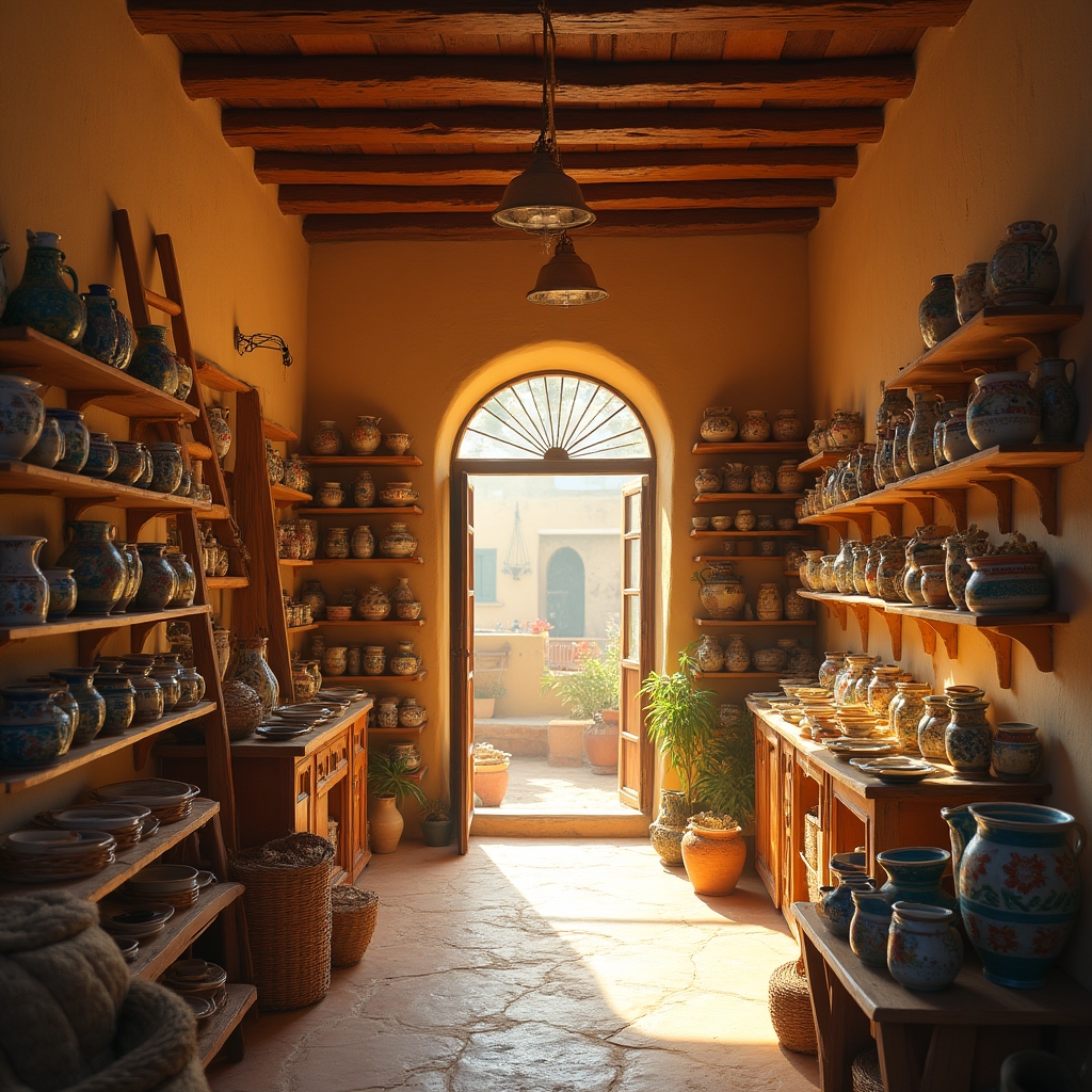 Interiorul magazinului de ceramică din Sibiu, cu rafturi de expunere