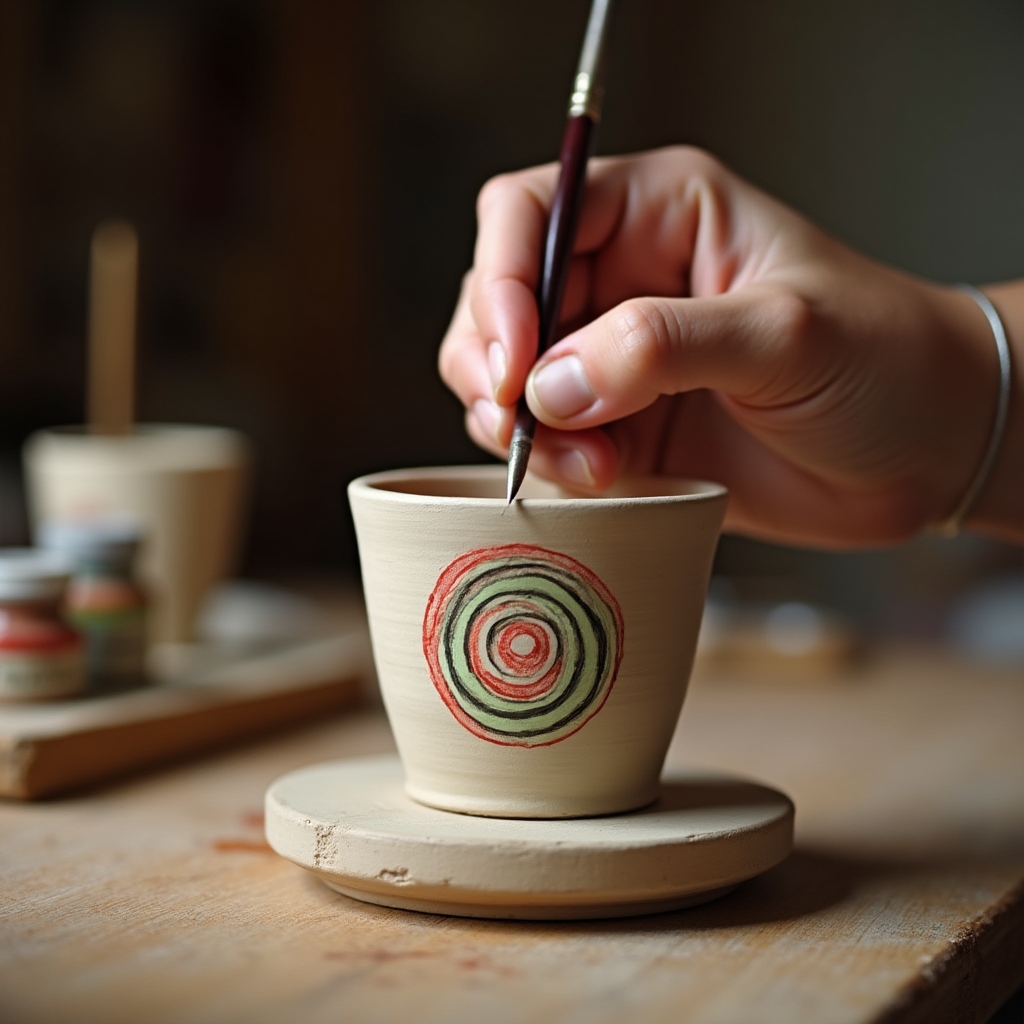 Detaliu cu pensula pictând manual un motiv geometric pe o cană de ceramică
