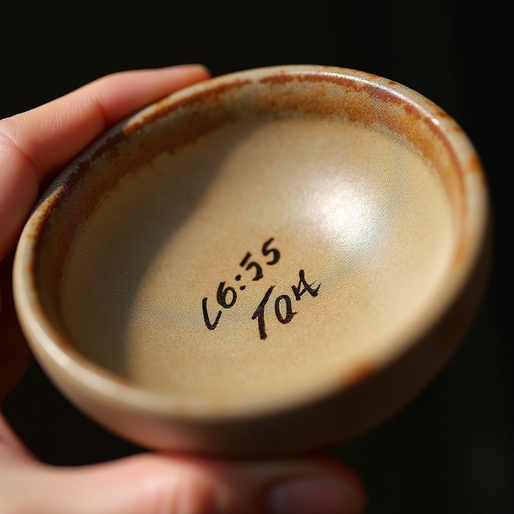 Detaliu cu semnătura și numărul gravat pe fundul unui bol de ceramică