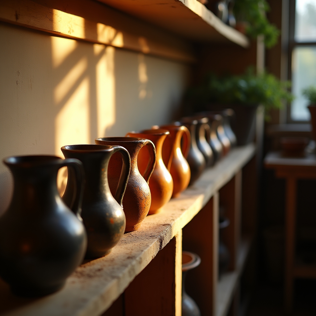 Ulcioare de ceramică așezate pe un raft de lemn în atelier